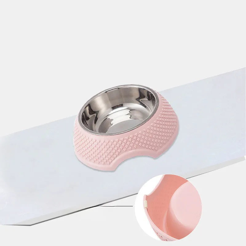 Stainless steel pet bowl with non-slip base in blue, green, and pink colour options.
