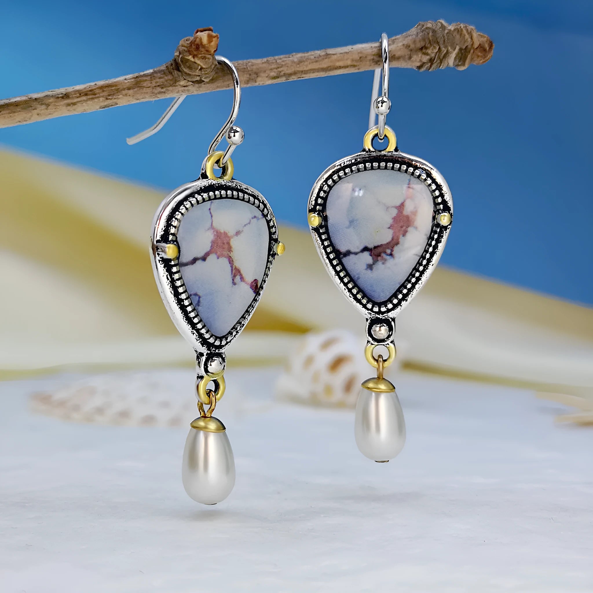 Retro blue geometric drop earrings with synthetic opal and pearl stones