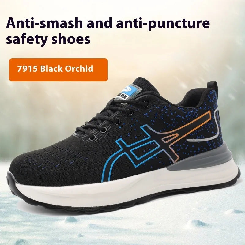 Brown leather labour protection safety shoes with rubber sole on a work floor.