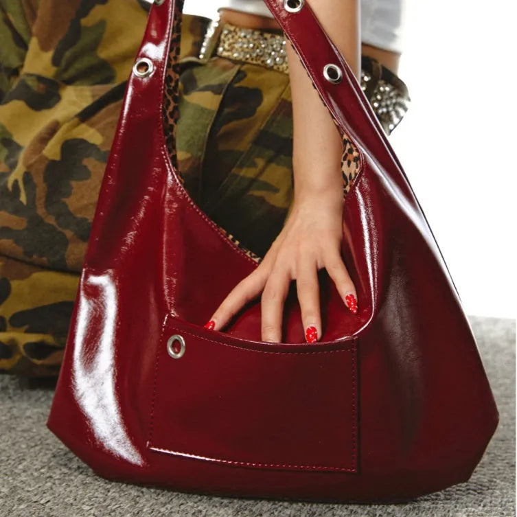 Red leopard print women's shoulder bag with dumpling shape and two-side design
