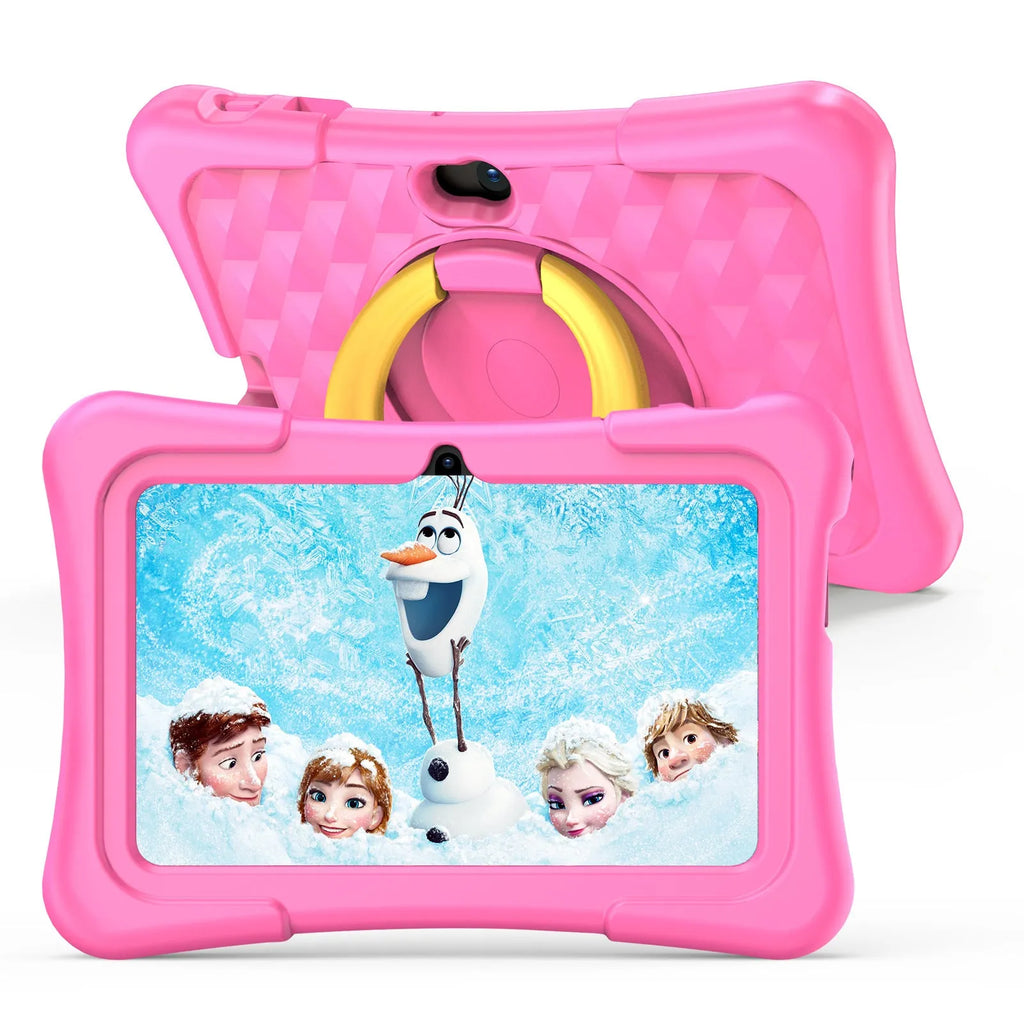 Blue 7-inch children's educational tablet with silicone protective cover and rotating handle bracket