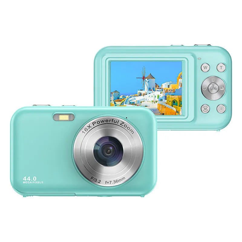 DC406L children's digital camera in black, green, pink or purple colours showing its 2.4-inch screen.