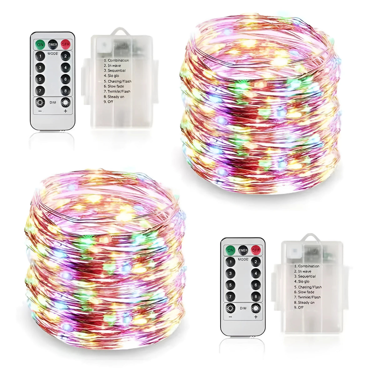 12-metre long copper wire LED string lights with small bulbs, connected to a white battery box controller.