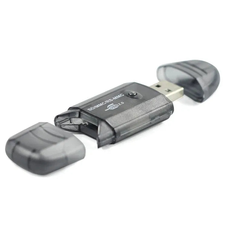 Transparent plastic USB card reader showing internal components with optional LED illumination