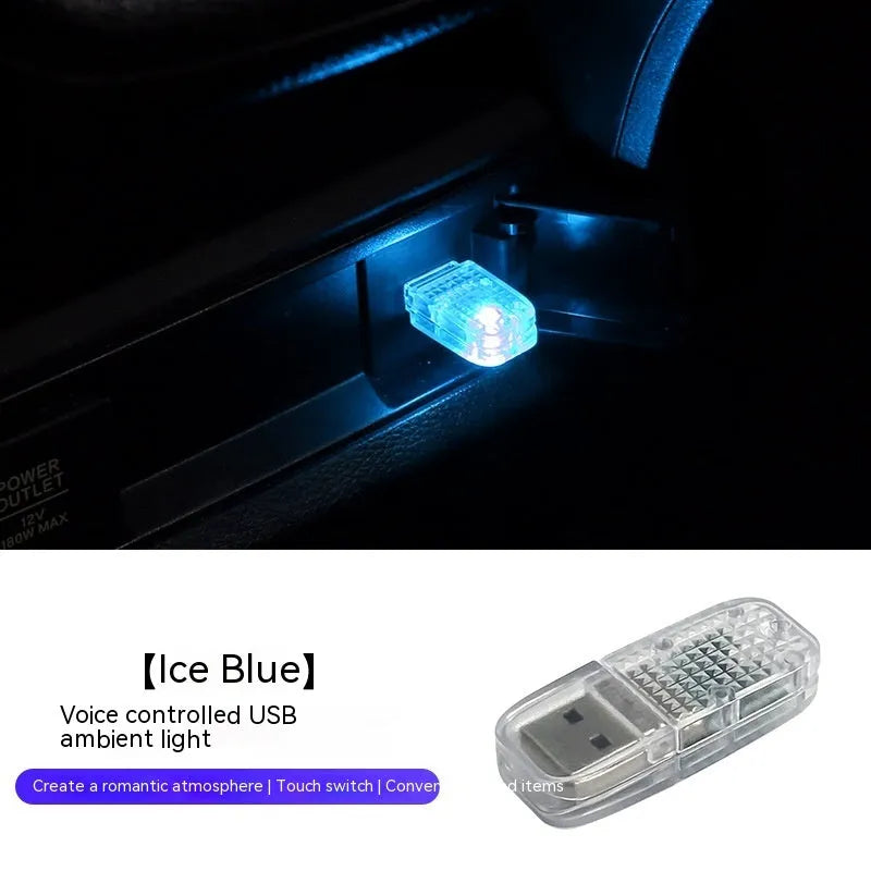 USB car ambient light with touch controls and voice-activated RGB colour changing modes