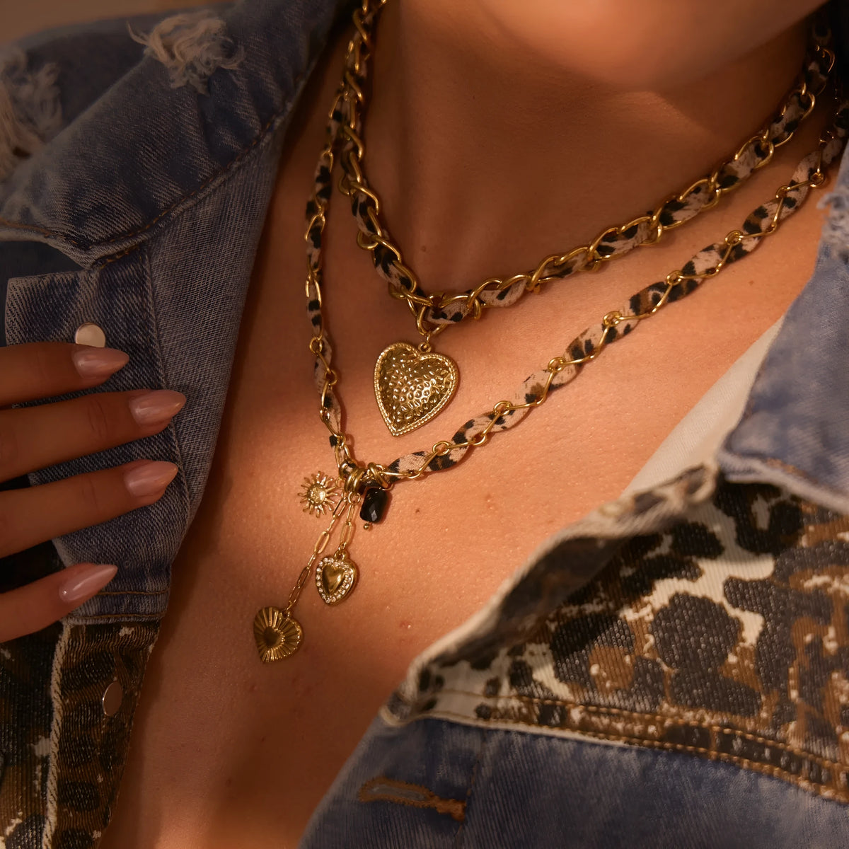 Geometric leopard love pendant stainless steel necklace with gold electroplated finish on adjustable chain