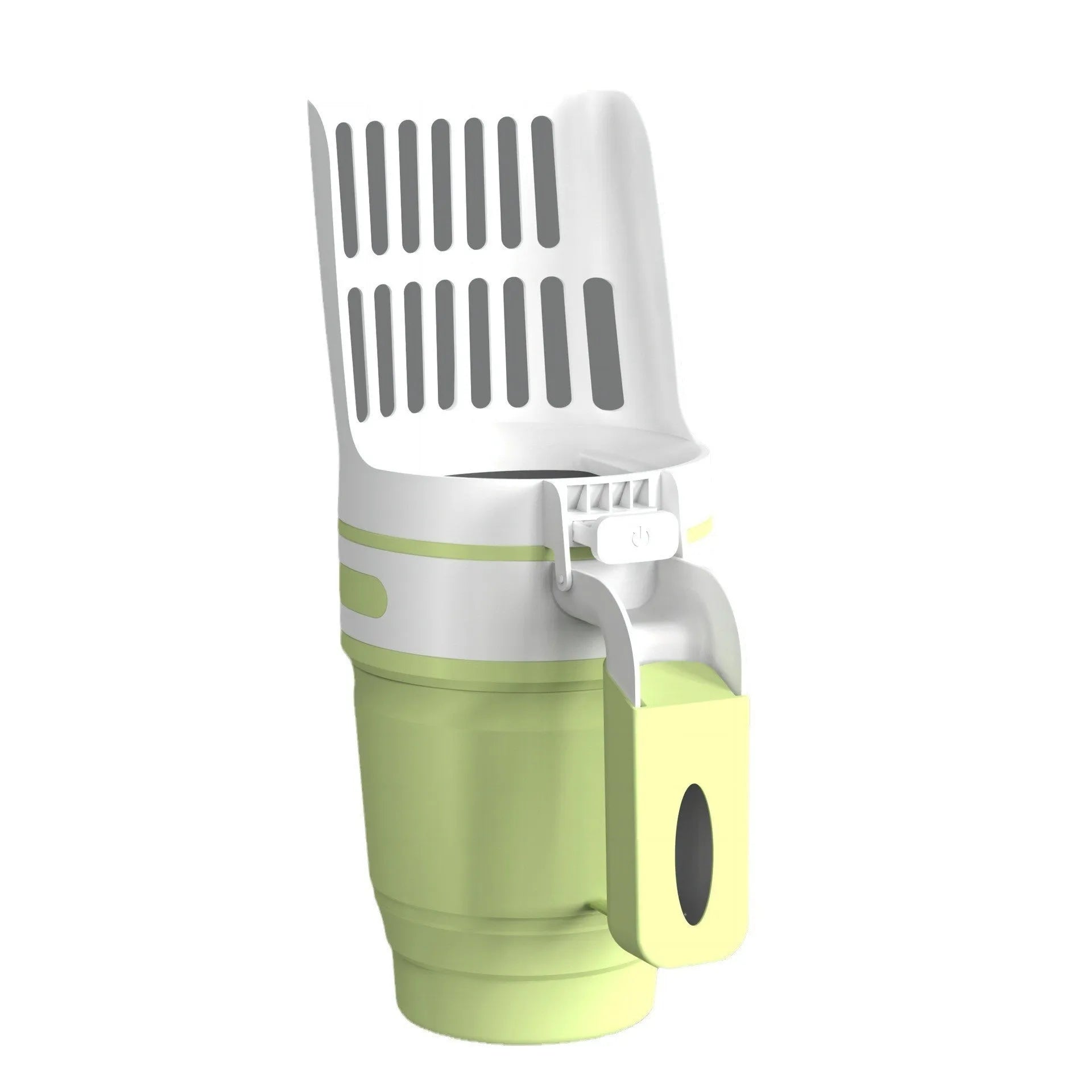Grey cat litter scoop attached to a lidded waste bin with a foldable bottom and non-slip handle.
