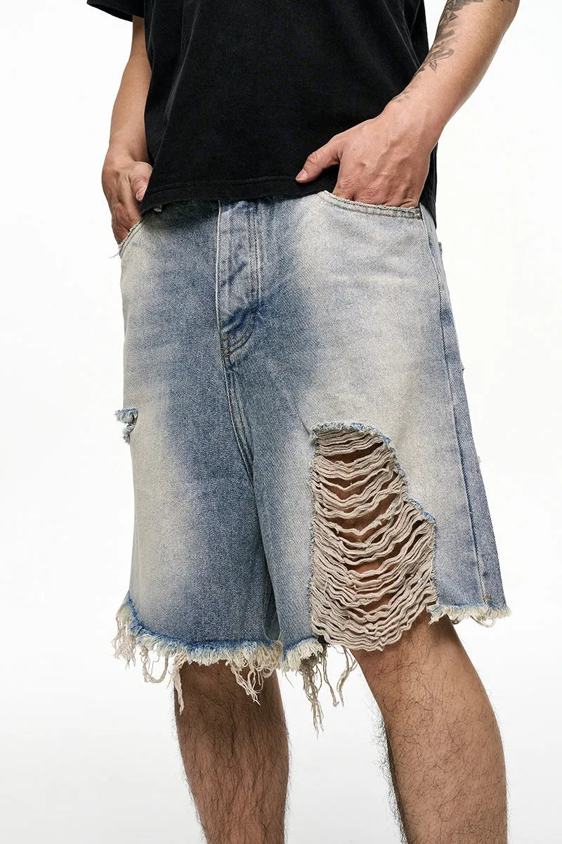 Light blue retro washed denim shorts for men with baggy wide-leg cut and mid-waist design