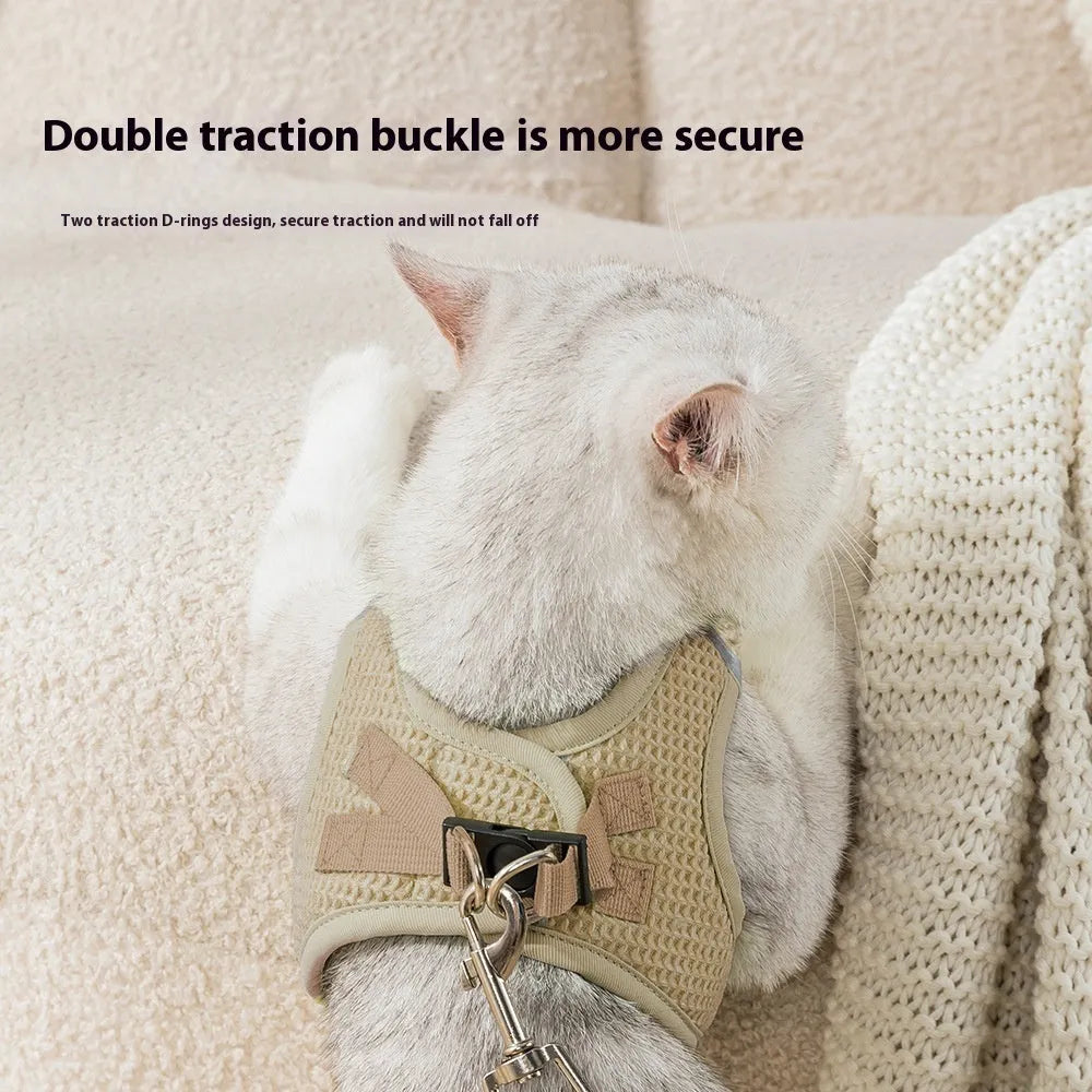 Soft brown waffle-weave cloth cat harness chest strap shown on a mannequin.