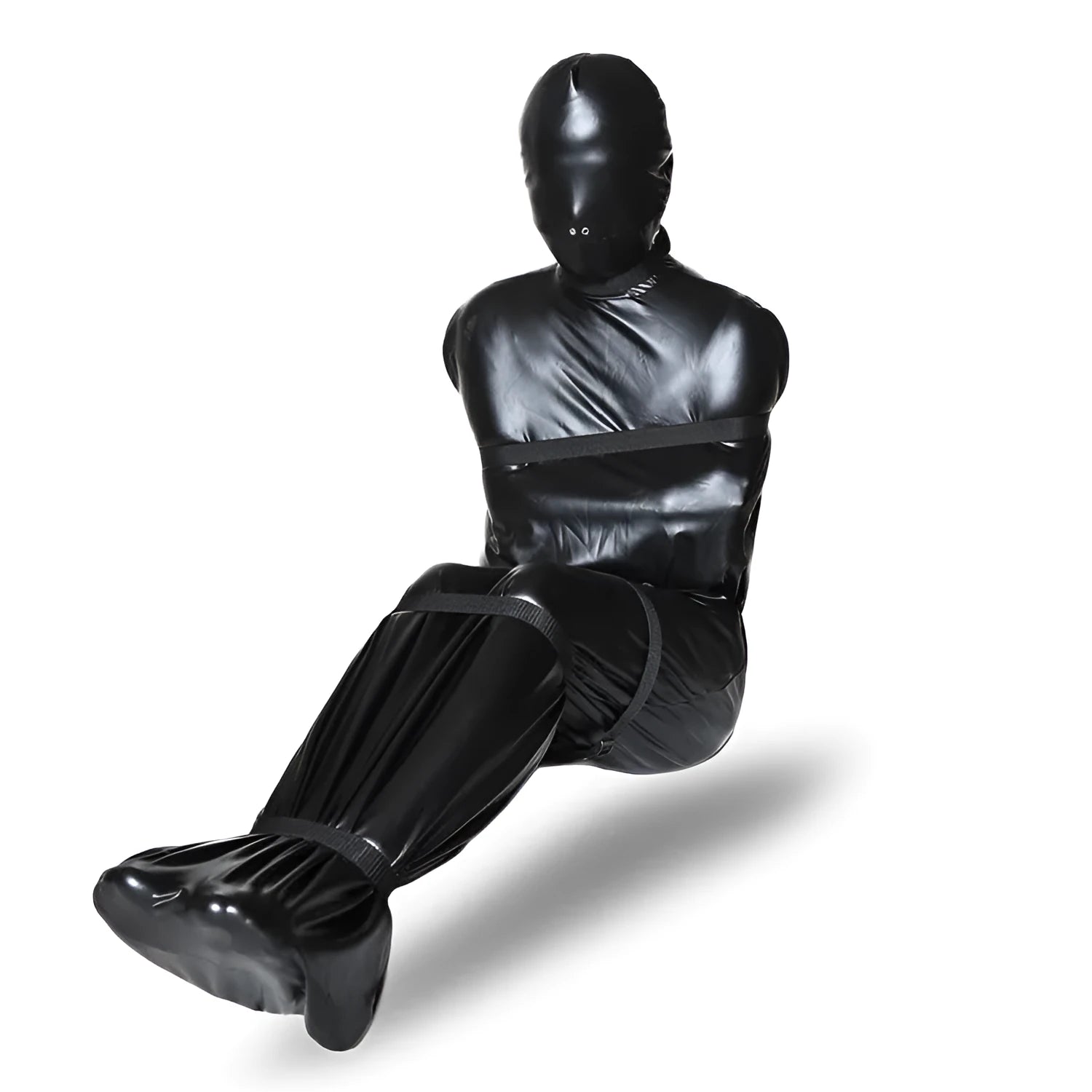 Black patent leather bondage set showing body wrap and six ratchet tie down straps