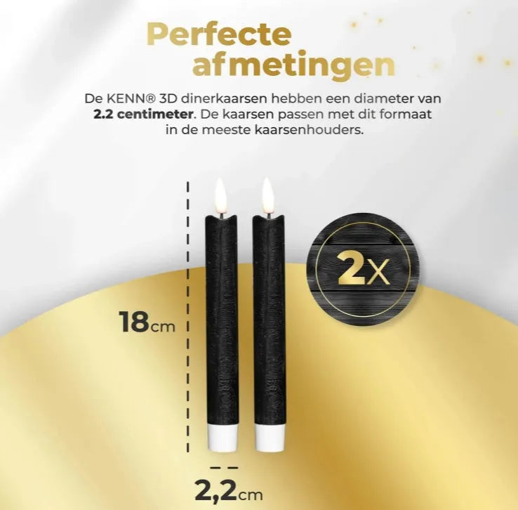 A black S2 3D Flame LED Taper Candle standing upright, showing its realistic flickering light effect and 18cm taper shape.