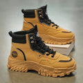 Men's black and yellow high-top Martin boots with a mid heel and injection moulded sole.