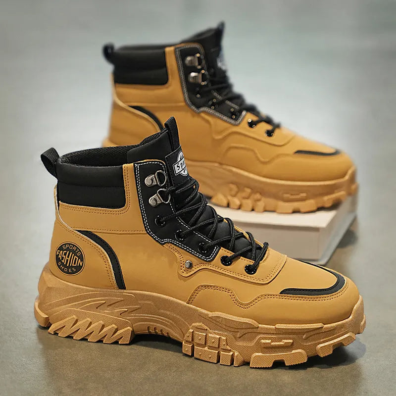 Men's black and yellow high-top Martin boots with a mid heel and injection moulded sole.