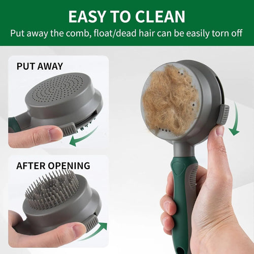 Green and pink two-sided silicone pet brush with slicker bristles and massage teeth on a white background