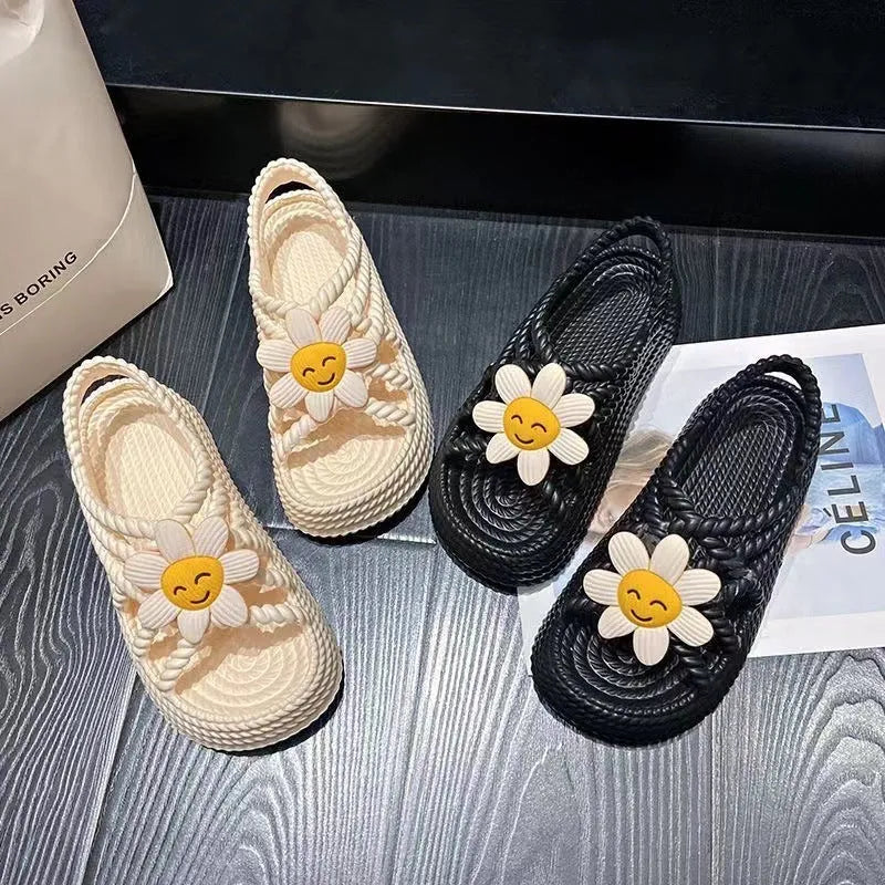 PVC flower sandals with round toe and non-slip sole in beige or black with sunflower design