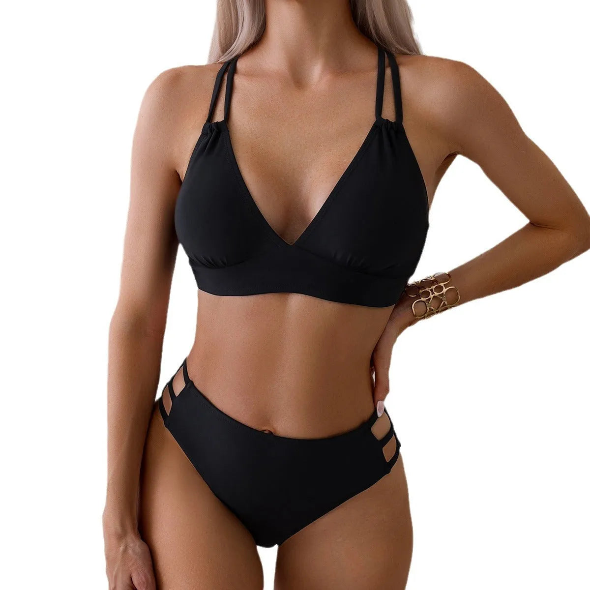 Women's black V-neck halter bikini with split-style bottoms on a mannequin.