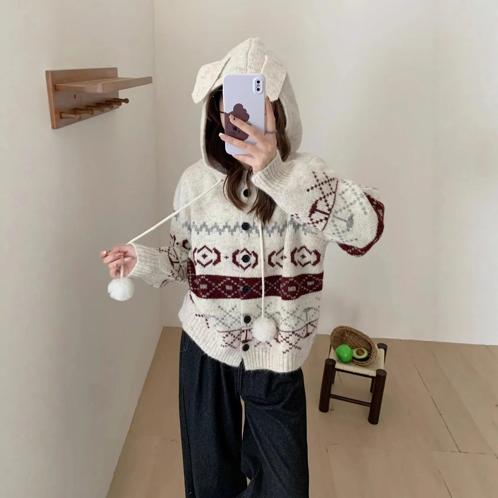 Women's beige acrylic brocade sweater coat with geometric pattern and loose fit