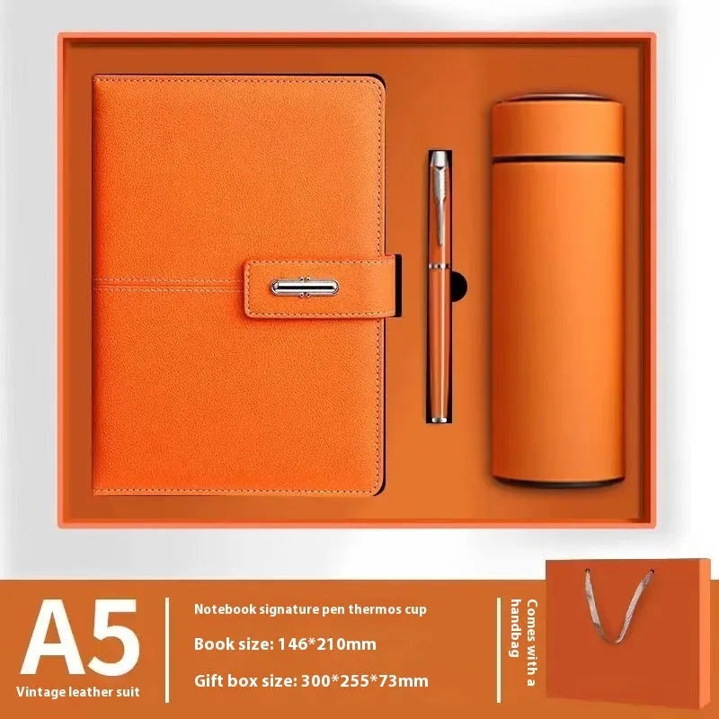 A5 notebook with PU leather cover shown in multiple colour options including black, red, green, blue, and orange.