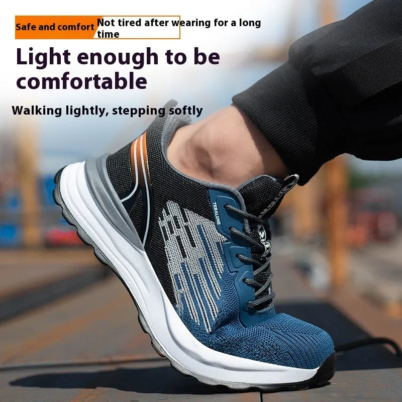 Blue men's safety work shoes with mesh upper, plastic toe cap, and lace-up closure.