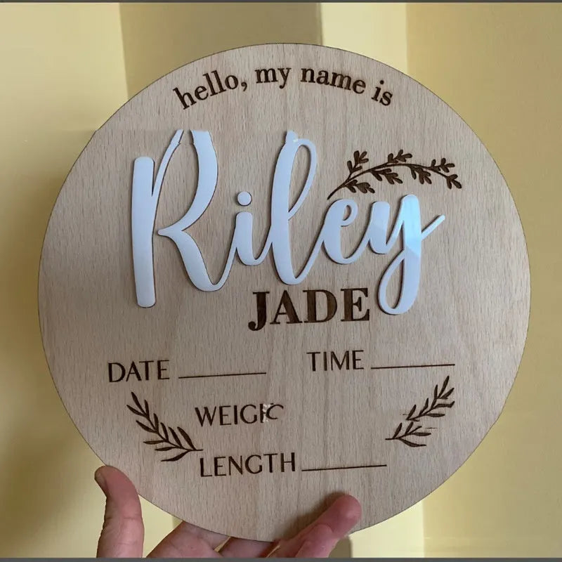 Square wooden baby birth plaque with laser-engraved name and details