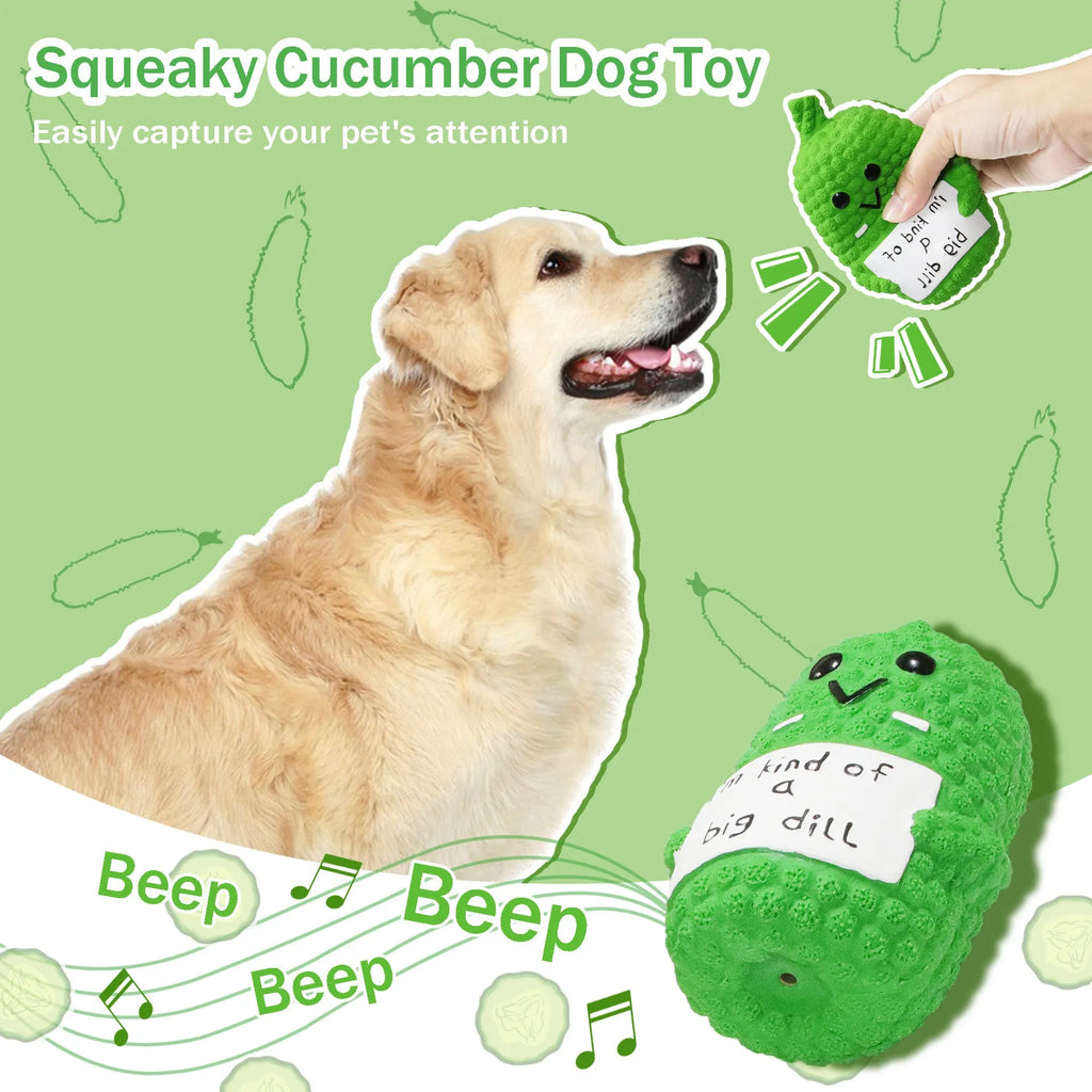 Green latex pickle shaped dog toy with textured surface and squeaker for teething puppies