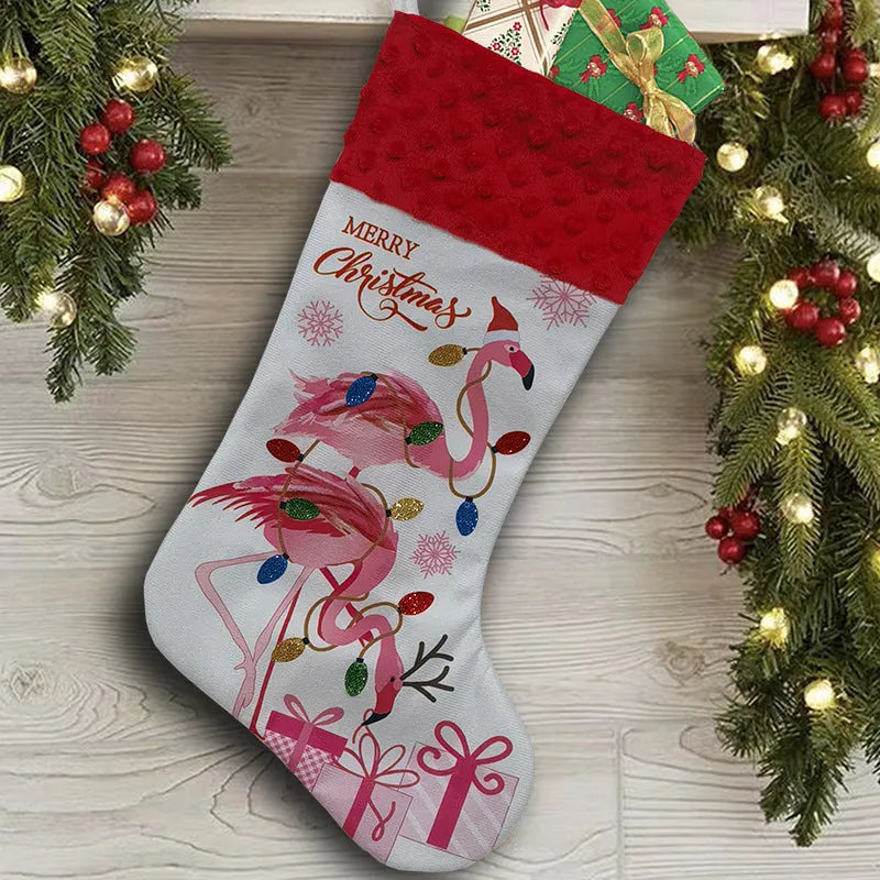 Flamingo Christmas stocking decoration measuring 46 by 28 centimetres in cloth material