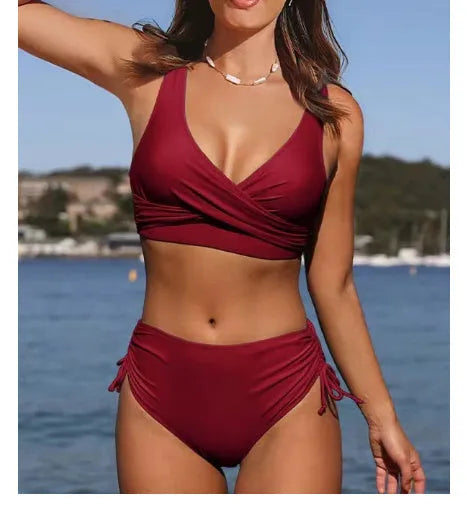 Women's cross strap bikini swimsuit in solid colour with briefs style design