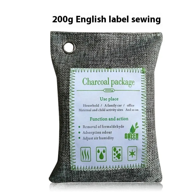 Sewn fabric bag filled with black bamboo charcoal granules for air purification.