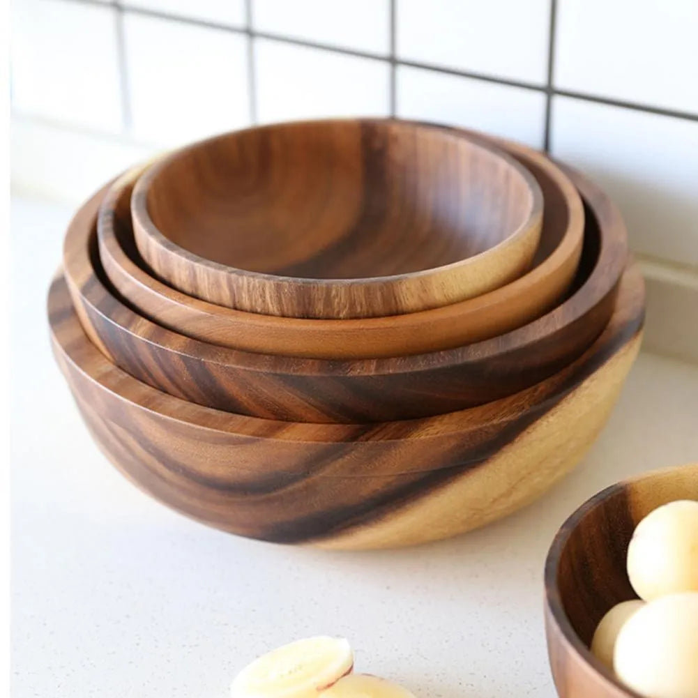 Natural wooden bowl handmade Japanese style brown fruit salad bowl available in sizes 8x6cm to 26x8cm