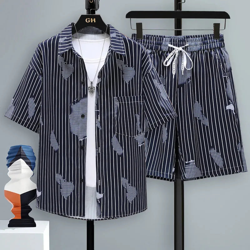Men's polyester casual sports shorts two-piece set with matching short sleeve top