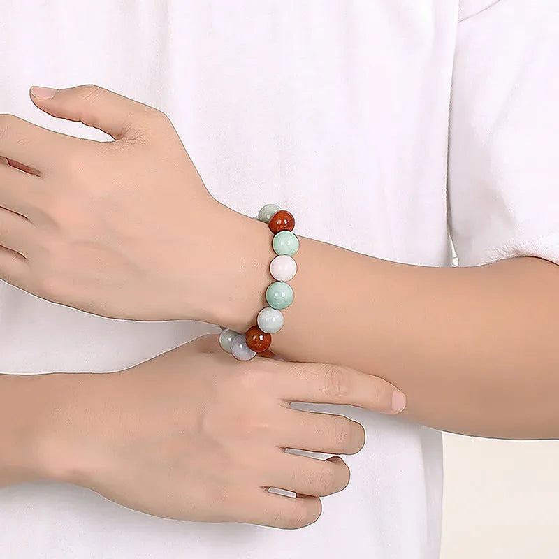 Women's Myanmar jade tricolour bracelet with 13mm round beads and certificate