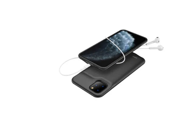 Shockproof silicone iPhone battery charger case in black, blue, pink, or white with integrated high-capacity battery.