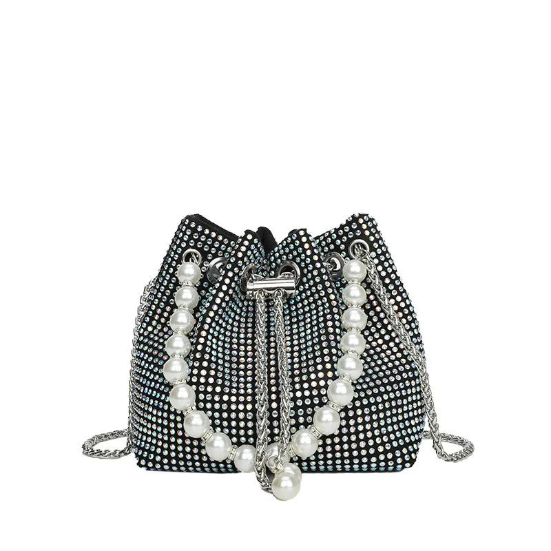 Western style diamond crossbody bag with chain strap in bucket shape design