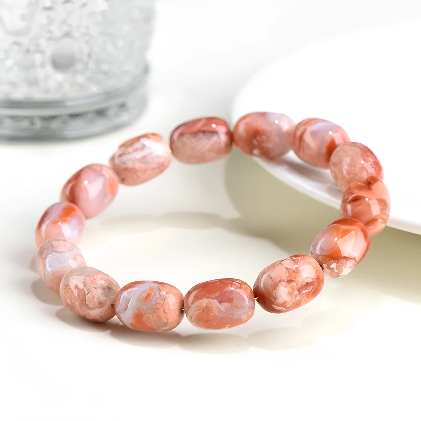 Natural cherry agate barrel bead bracelet with geometric design and ruyi elements