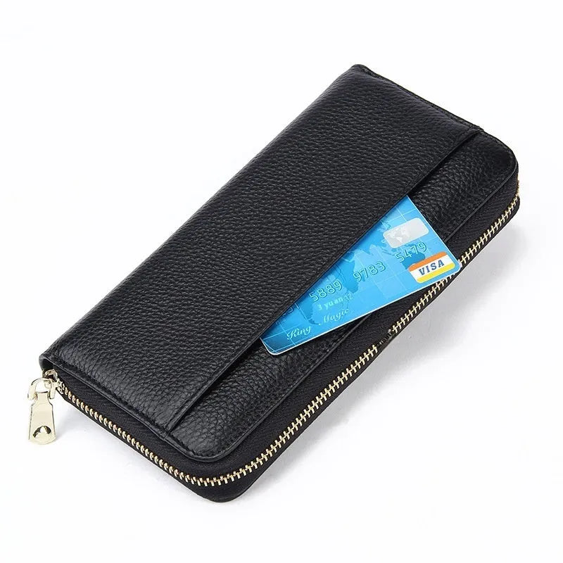 Women's long genuine leather wallet showing interior card slots and six colour options