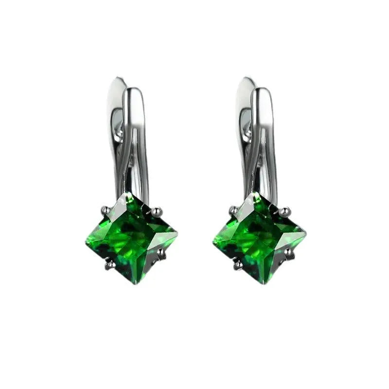 Women's copper earrings with diamond design and zircon inlays in blue, green, and colour options