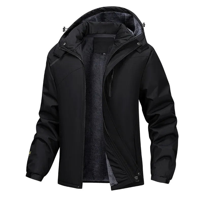 Men's plus-size loose-fit hooded winter coat in Army Green, shown on a model.