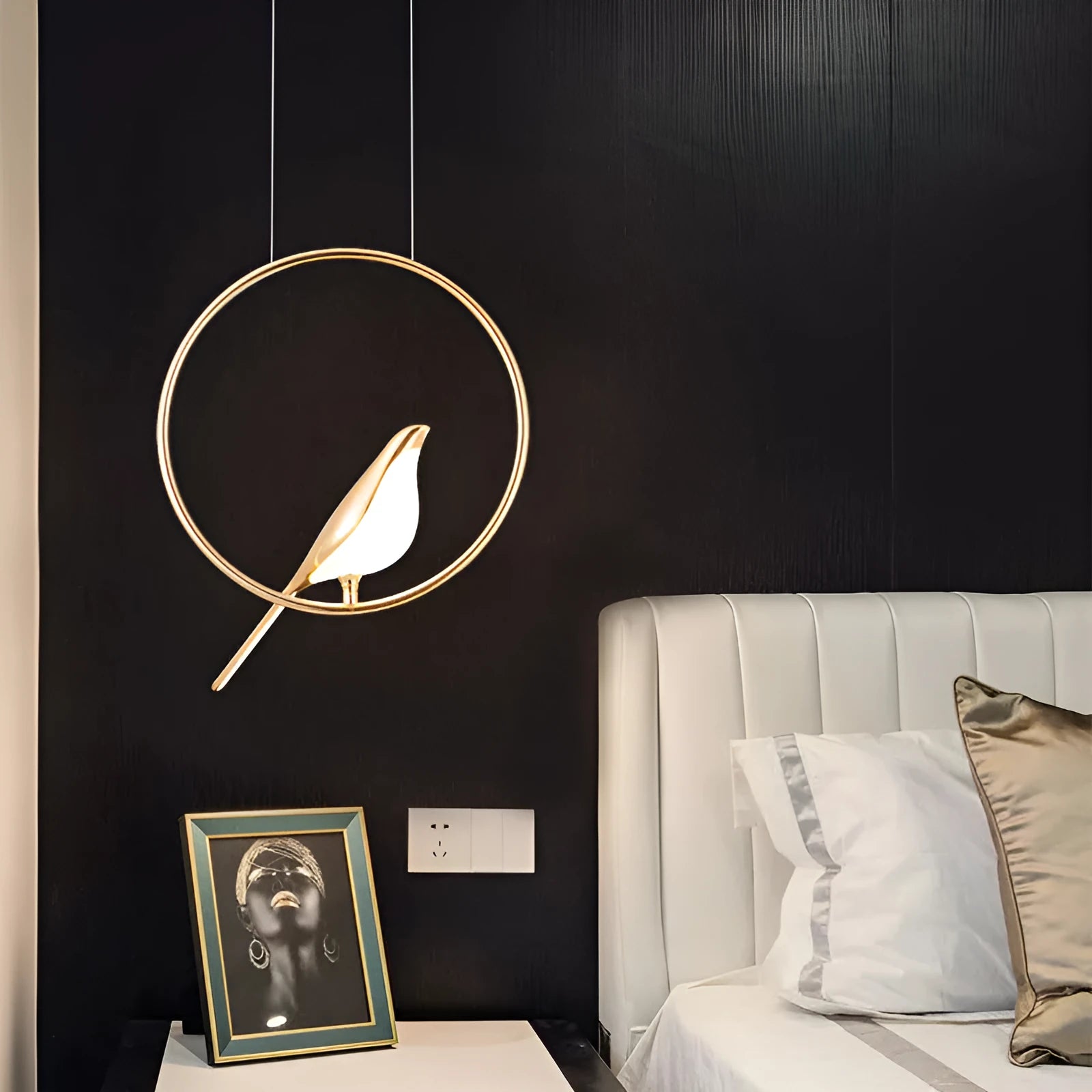 Modern minimalist magpie bird chandelier with zinc alloy and acrylic construction measuring 150cm height