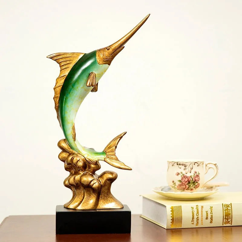Detailed resin European swordfish decoration in a choice of four colours on a shelf.
