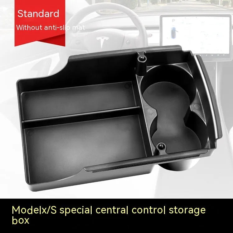 Tesla central armrest storage box retrofit accessory shown in vehicle console