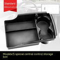Tesla central armrest storage box retrofit accessory shown in vehicle console