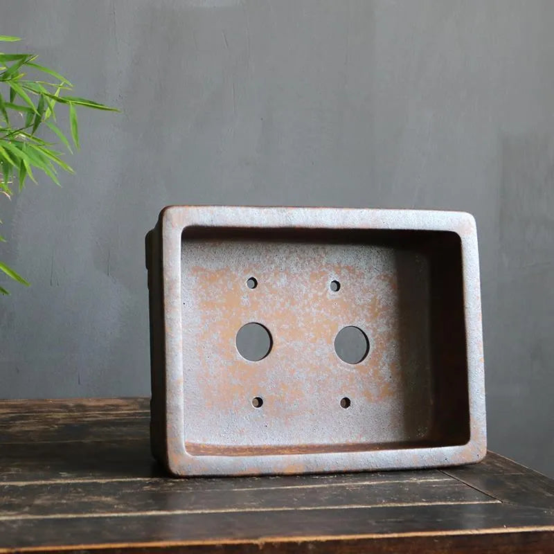 Purple sand rectangular bonsai pot with firewood burning five-line pattern decoration