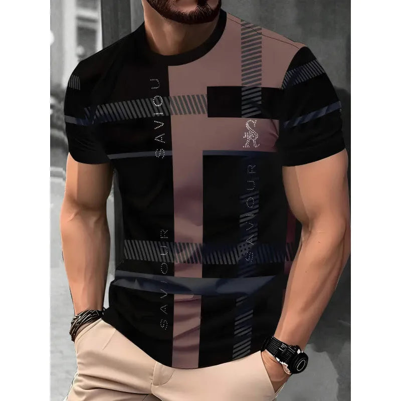 Men's loose-fit short-sleeved t-shirt with digital 3D printed stripe pattern in various colour styles