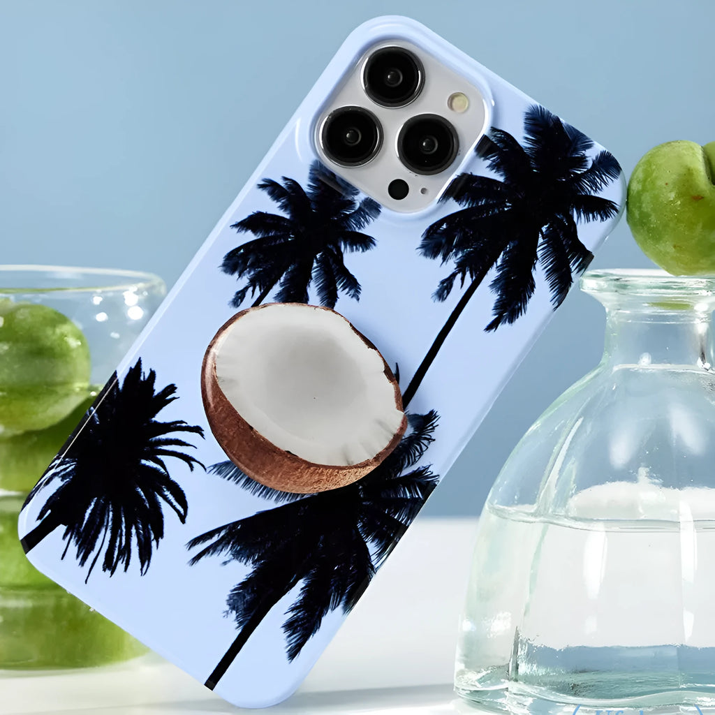 Original Summer Coconut design TPU phone case for Apple iPhone models on a table.