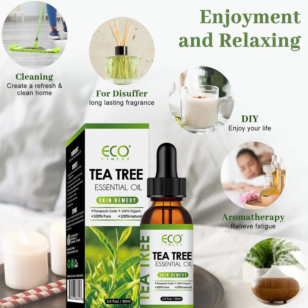 60ml bottle of Tea Tree Essential Oil for massage and acne fade treatment.