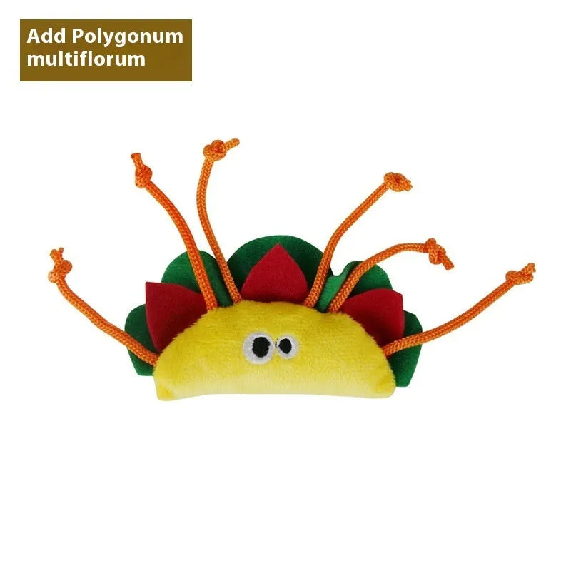 Six catnip plush toys shaped like burrito, cone, cucumber, mushroom, pineapple, and pizza for feline chewing play