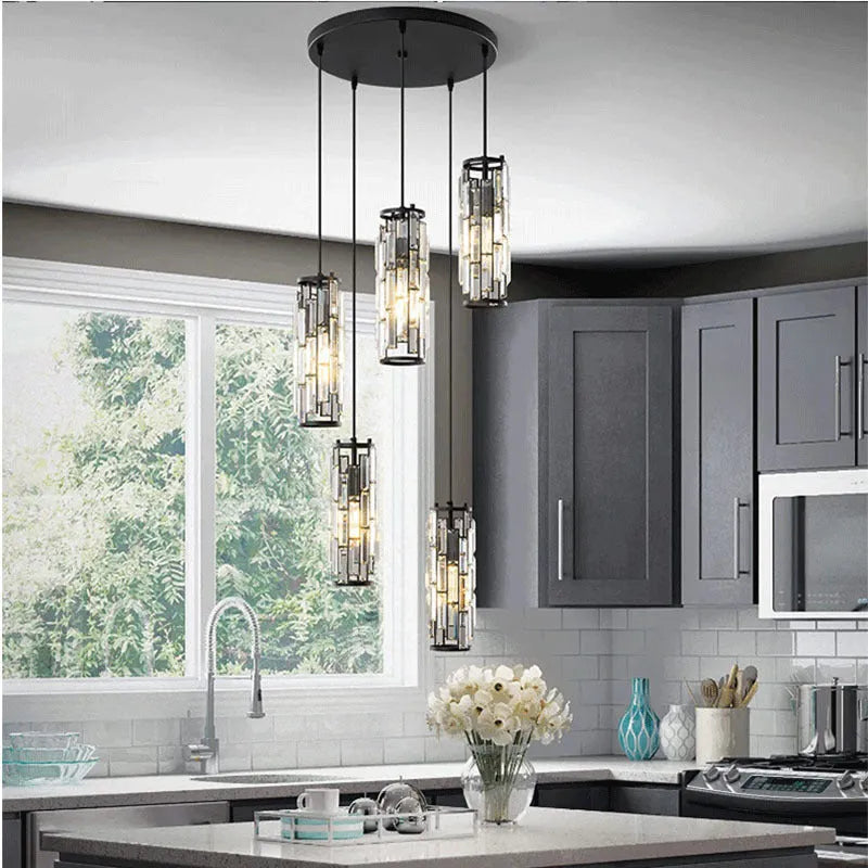 Industrial-style single head LED droplight in metallic finish with crystal design elements