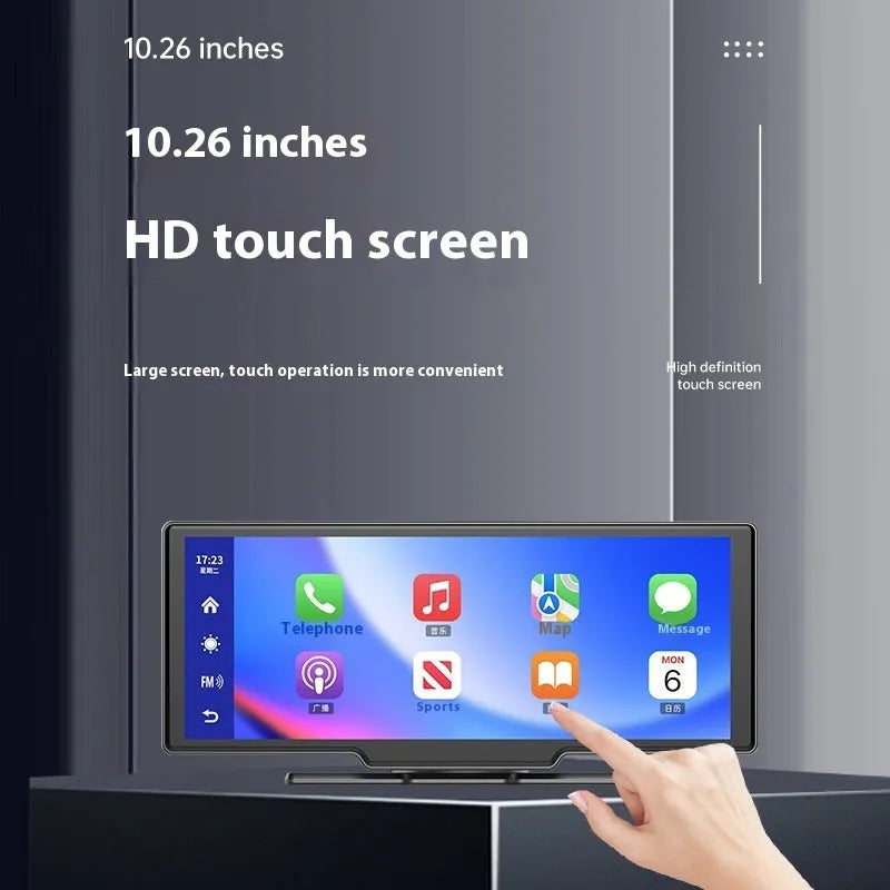 10 inch car smart screen with Carplay, driving recorder, and rear camera on dashboard