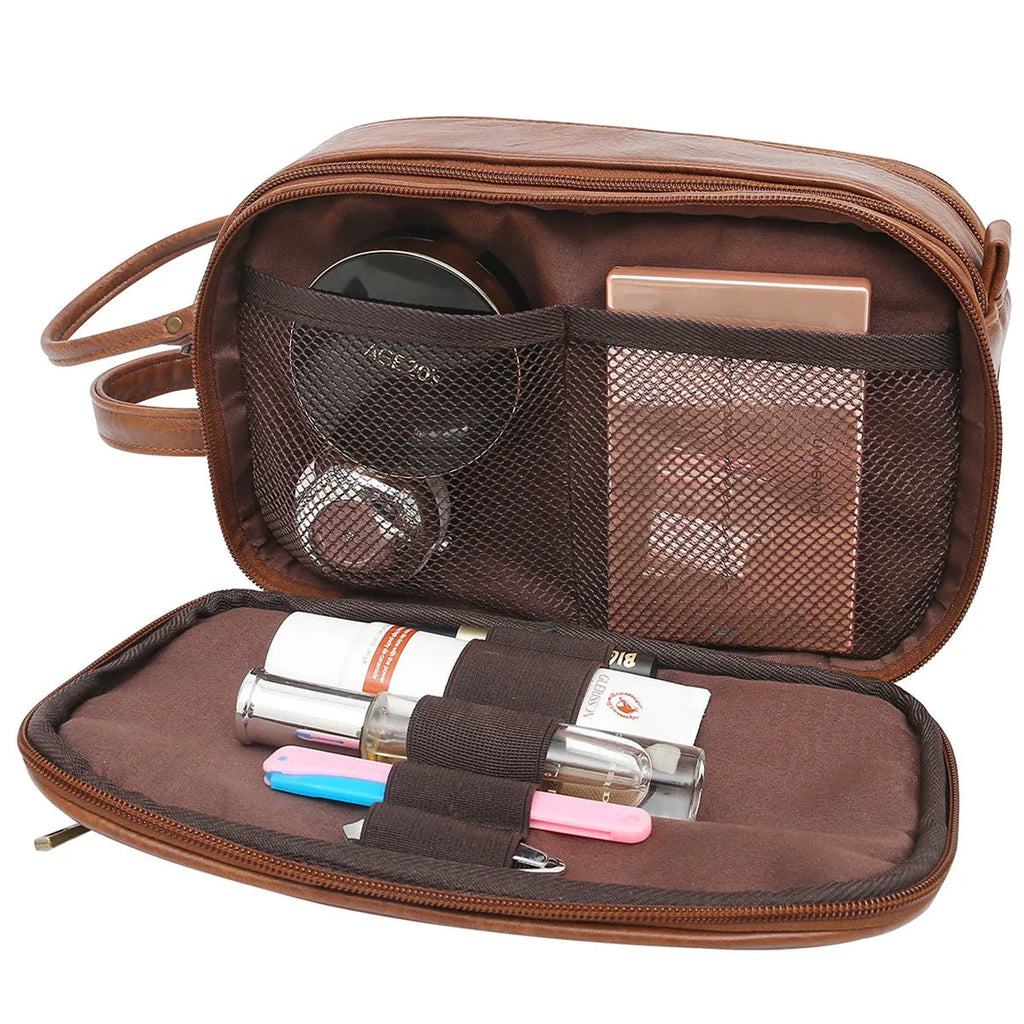 Men's black and brown PU leather toiletry bag for travel storage of cosmetics.