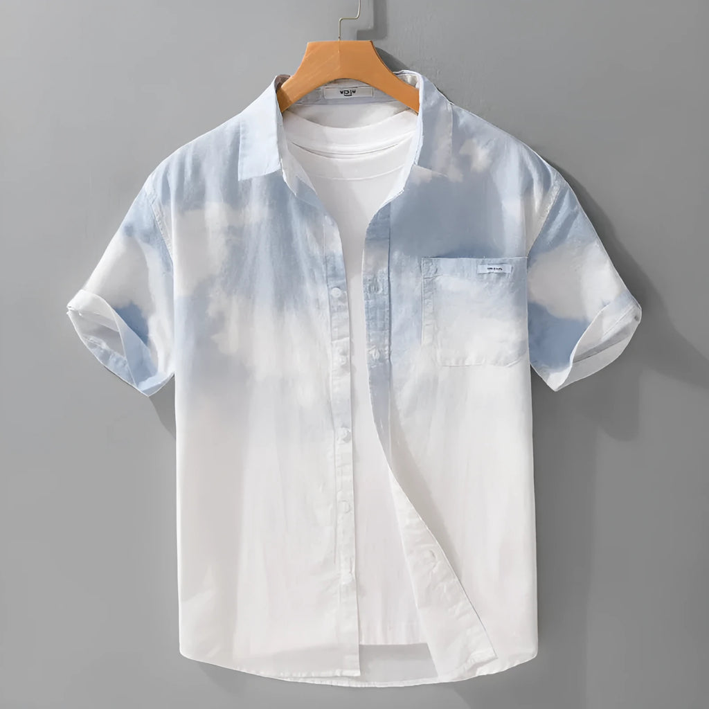 Light pink men's loose-fit cotton cardigan shirt on a hanger